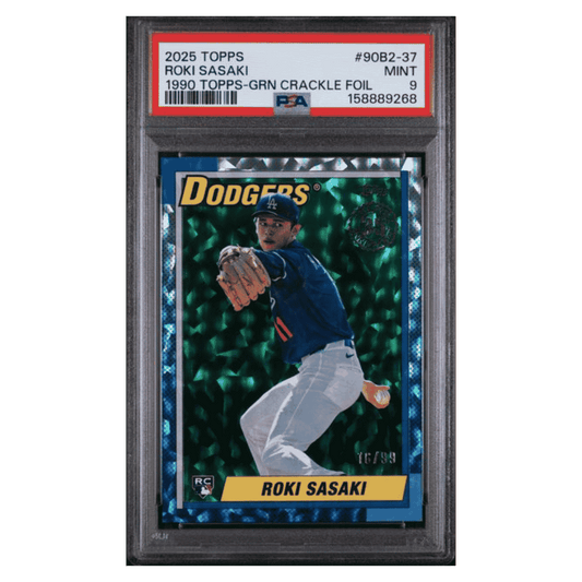 Roki Sasaki PSA 9 2025 Topps 1990 Topps Green Crackle Foil #d/ 99 Card #90B2-37