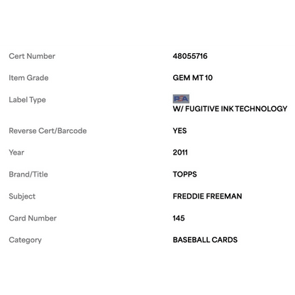 Freddie Freeman PSA 10 2011 Topps Rookie RC Card #145