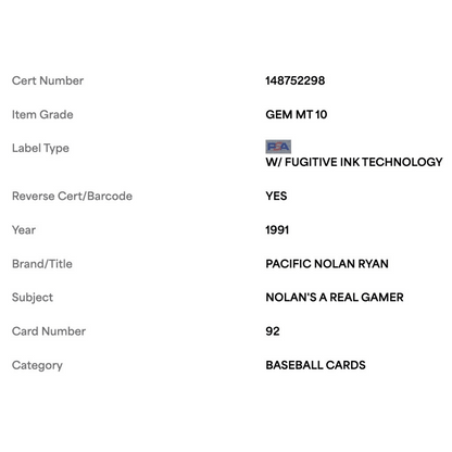 Nolan Ryan PSA 10 1991 Pacific Nolan Ryan Nolan's A Real Gamer Card #92