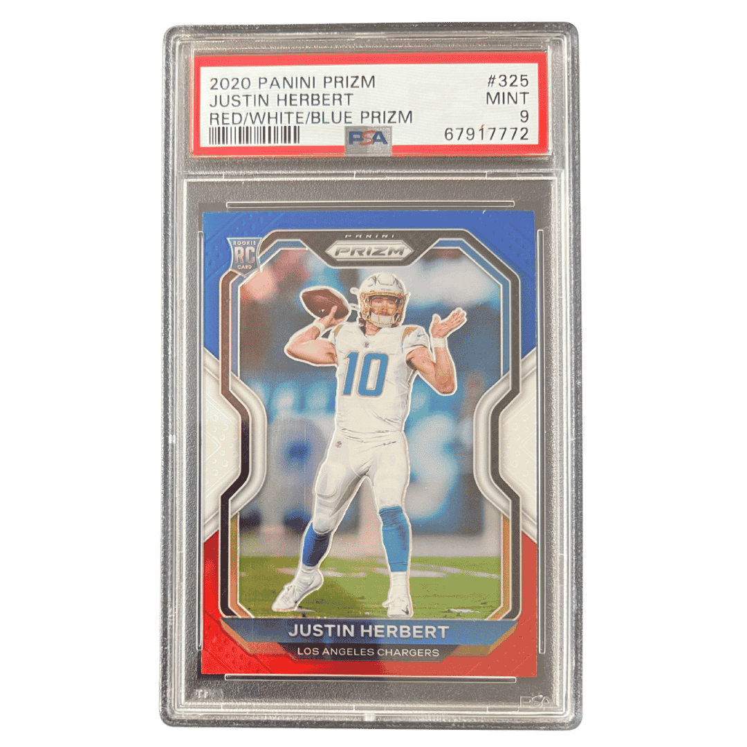 Justin Herbert PSA 9 2020 Panini Prizm Red/ White/ Blue Rookie RC Card #325