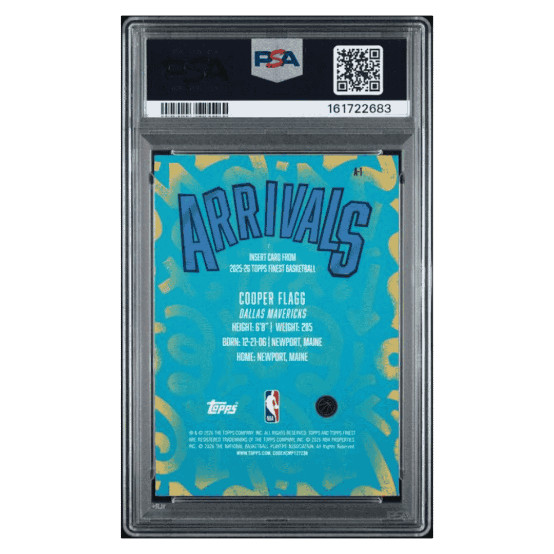 Cooper Flagg PSA 9 2025 Topps Finest Arrivals Purple Refractor Rookie RC #d/ 125 Card #A1