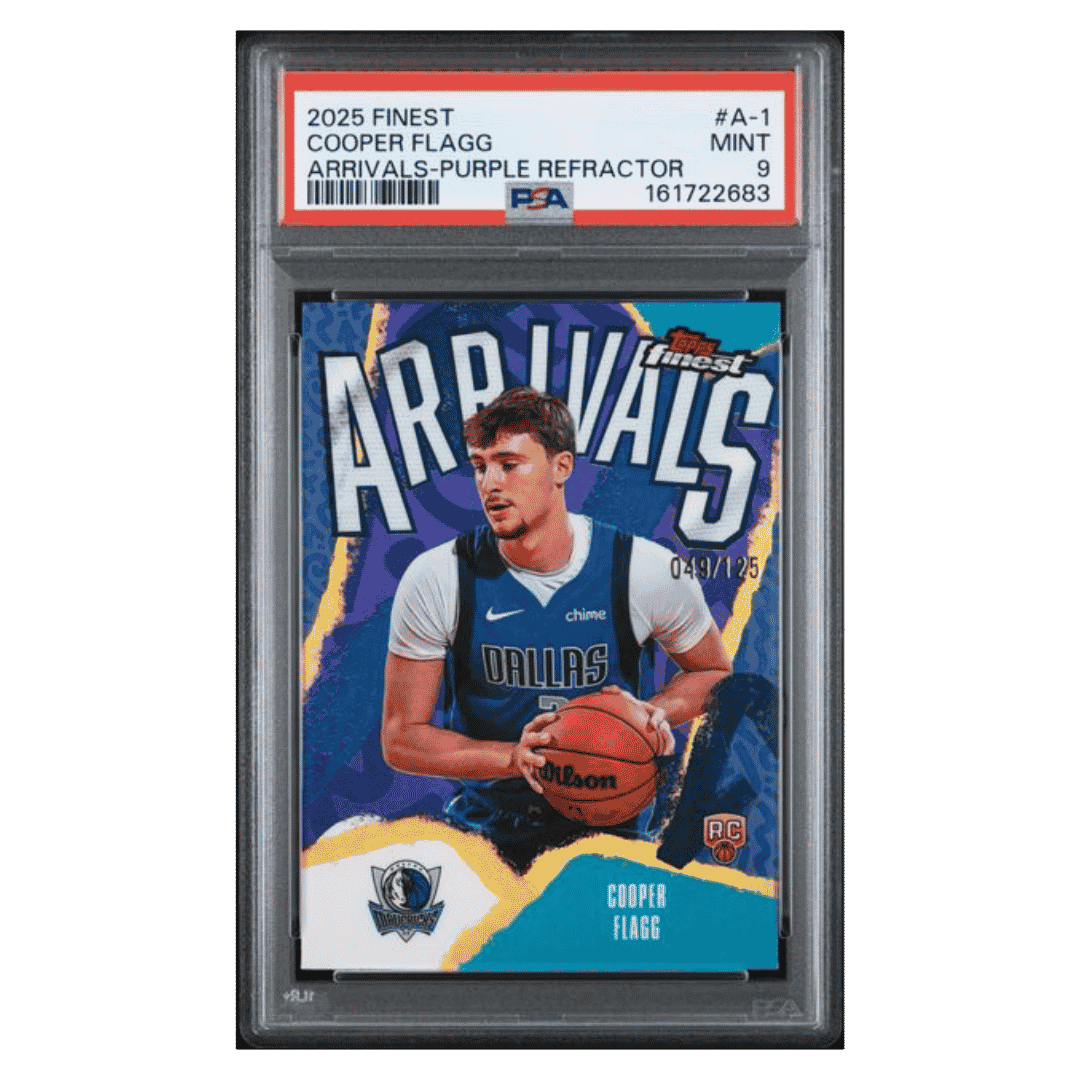 Cooper Flagg PSA 9 2025 Topps Finest Arrivals Purple Refractor Rookie RC #d/ 125 Card #A1