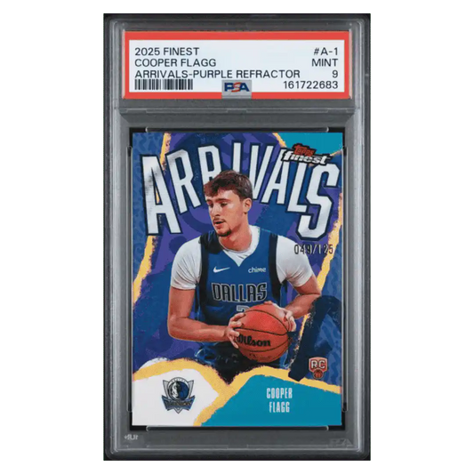 Cooper Flagg PSA 9 2025 Topps Finest Arrivals Purple Refractor Rookie RC #d/ 125 Card #A1