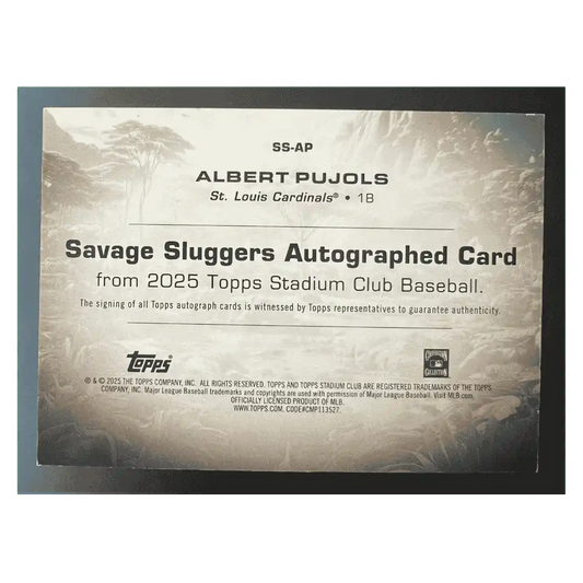 Albert Pujols 2025 Topps Stadium Club Savage Sluggers Autographed #1/ 1 Card #SS-AP