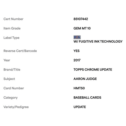 Aaron Judge PSA 10 2017 Topps Chrome Update Rookie RC Card #HMT50