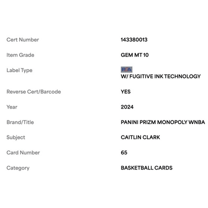 Caitlin Clark PSA 10 2024 Panini Prizm Monopoly WNBA Rookie RC Card #65