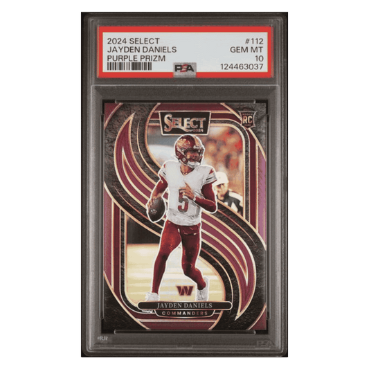 Jayden Daniels PSA 10 2024 Panini Select Purple Prizm Rookie RC #d/ 75 Card #112