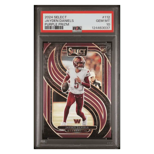 Jayden Daniels PSA 10 2024 Panini Select Purple Prizm Rookie RC #d/ 75 Card #112