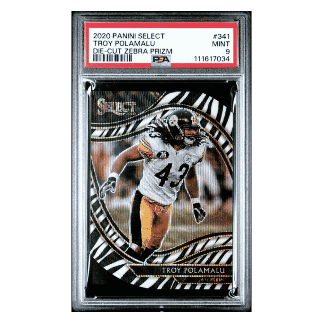 Troy Palamalu PSA 9 2020 Panini Select Die-Cut Zebra Prizm Case Hit Card #341