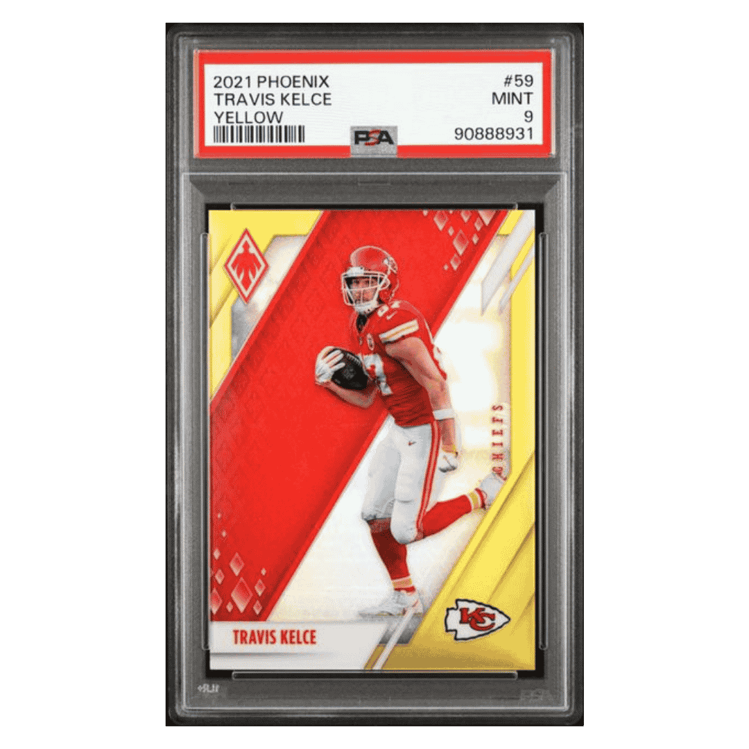 Travis Kelce PSA 9 2021 Panini Phoenix Yellow #d/ 75 Card #59