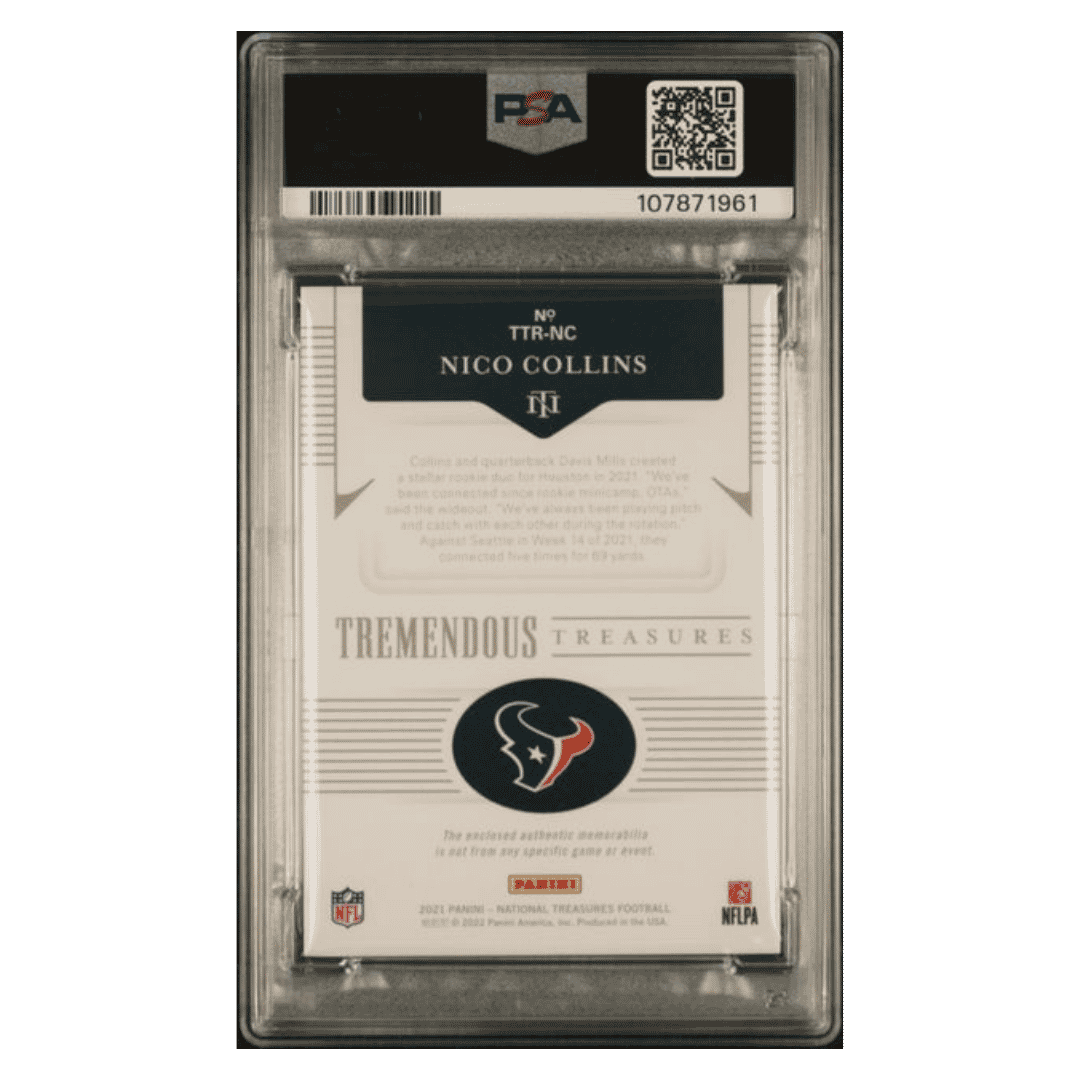Nico Collins PSA 9 2021 Panini National Treasures Tremendous Treasures Memorabilia Rookie RC #d/ 99 Card #NC