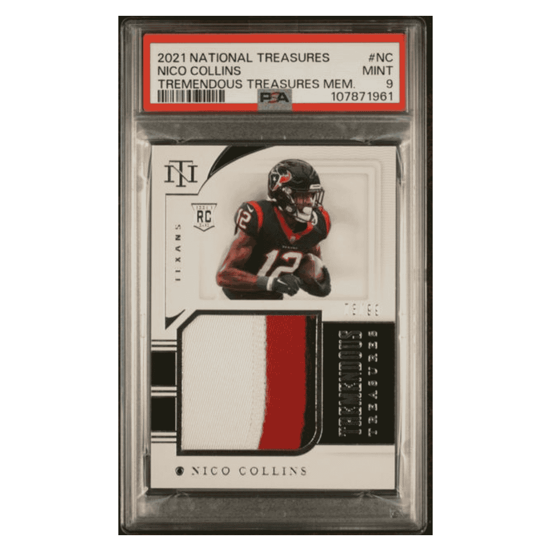 Nico Collins PSA 9 2021 Panini National Treasures Tremendous Treasures Memorabilia Rookie RC #d/ 99 Card #NC