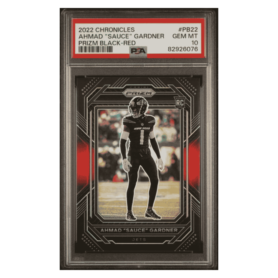 Ahmad "Sauce" Gardner PSA 10 2022 Panini Chronicles Prizm Black- Red Rookie RC #d/ 99 Card #PB22