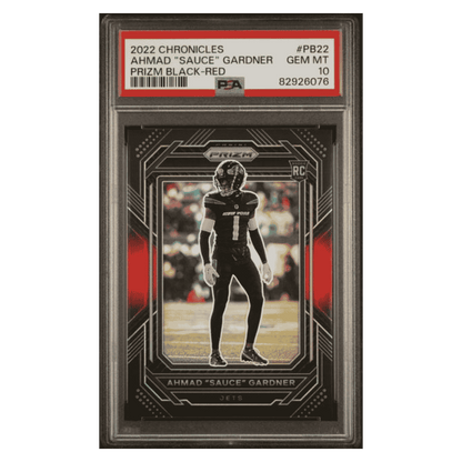 Ahmad "Sauce" Gardner PSA 10 2022 Panini Chronicles Prizm Black- Red Rookie RC #d/ 99 Card #PB22