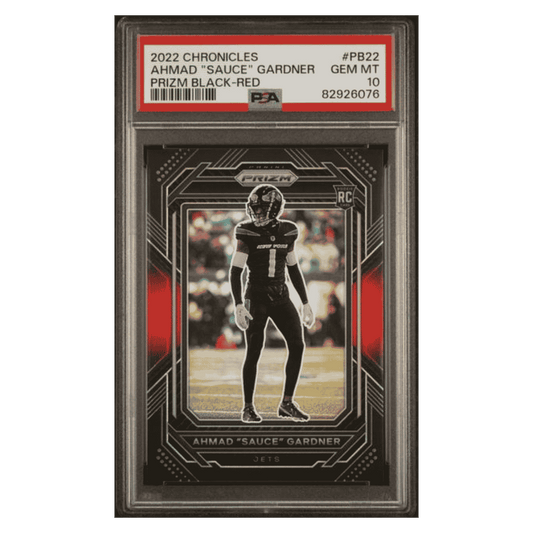 Ahmad "Sauce" Gardner PSA 10 2022 Panini Chronicles Prizm Black- Red Rookie RC #d/ 99 Card #PB22