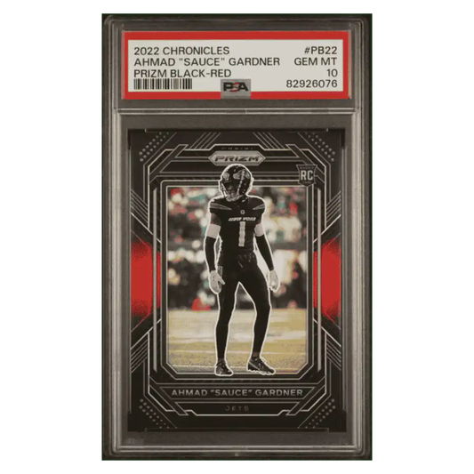 Ahmad "Sauce" Gardner PSA 10 2022 Panini Chronicles Prizm Black- Red Rookie RC #d/ 99 Card #PB22