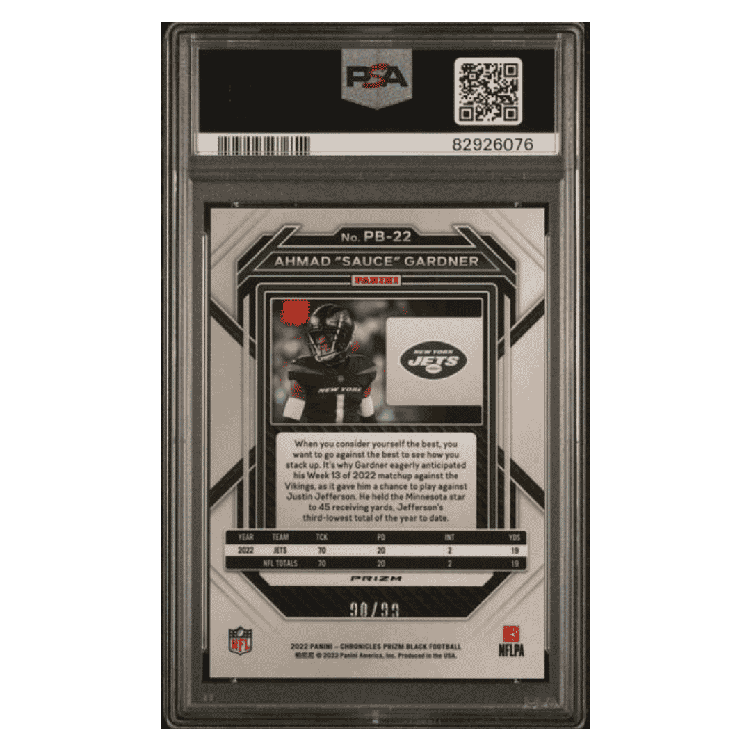 Ahmad "Sauce" Gardner PSA 10 2022 Panini Chronicles Prizm Black- Red Rookie RC #d/ 99 Card #PB22