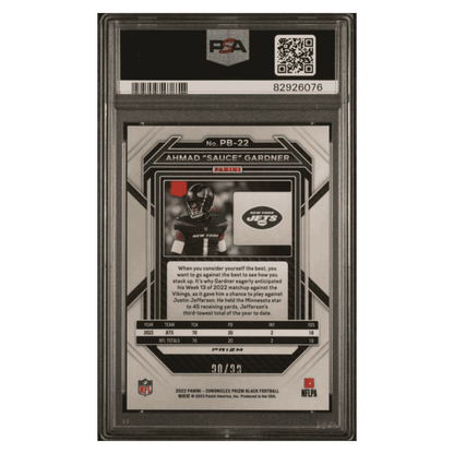 Ahmad "Sauce" Gardner PSA 10 2022 Panini Chronicles Prizm Black- Red Rookie RC #d/ 99 Card #PB22