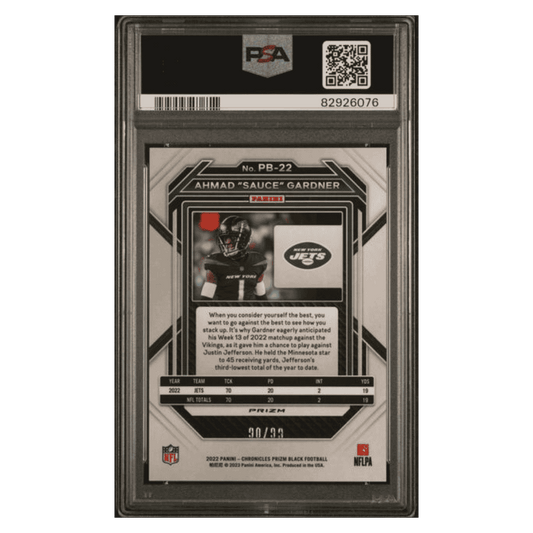 Ahmad "Sauce" Gardner PSA 10 2022 Panini Chronicles Prizm Black- Red Rookie RC #d/ 99 Card #PB22