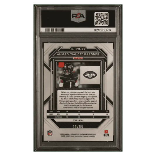 Ahmad "Sauce" Gardner PSA 10 2022 Panini Chronicles Prizm Black- Red Rookie RC #d/ 99 Card #PB22