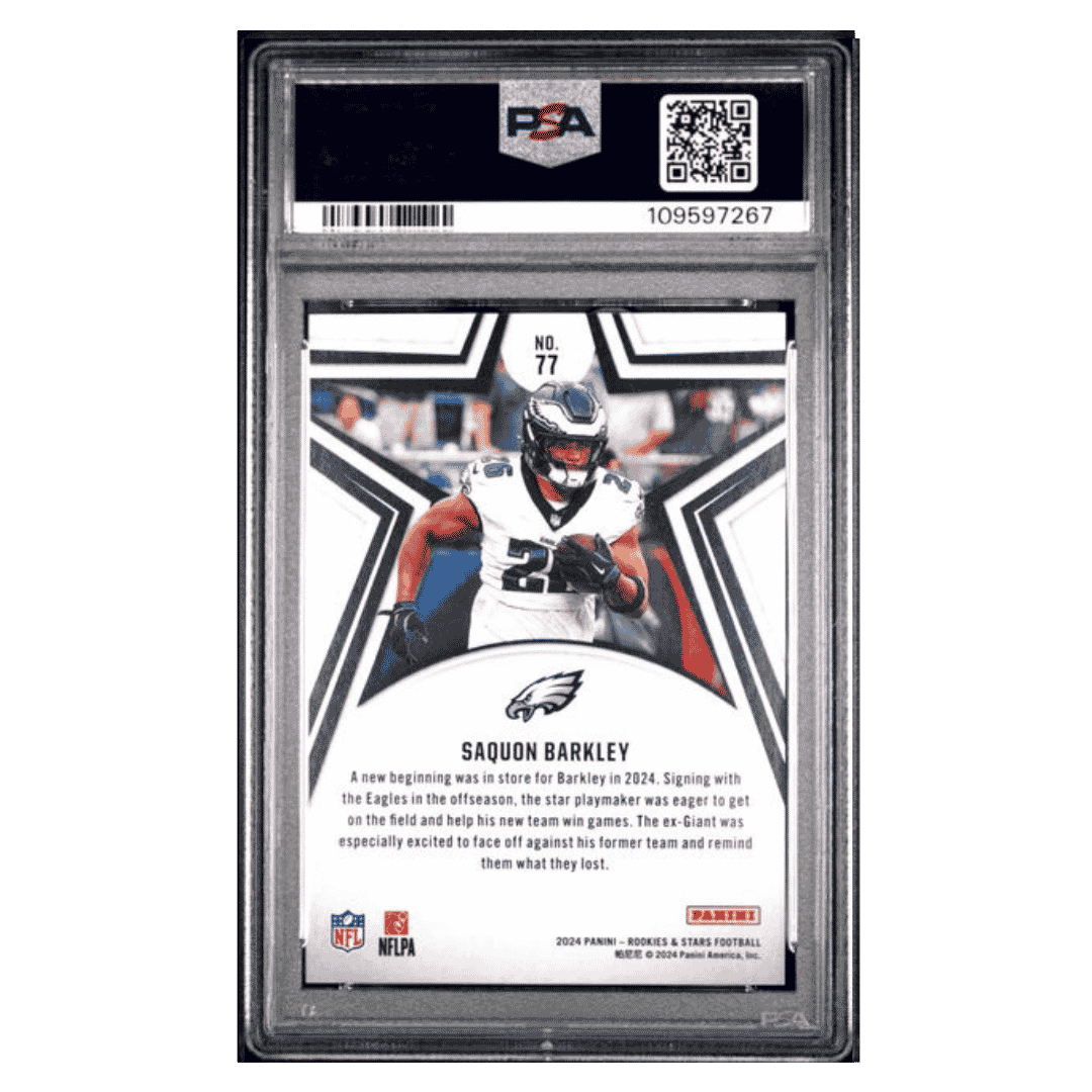 Saquon Barkley PSA 10 2024 Panini Rookies & Stars Purple #d/ 299 Card #77