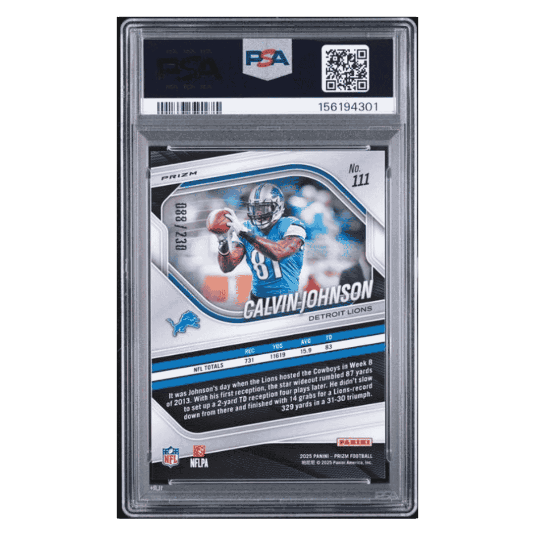 Calvin Johnson PSA 10 2025 Panini Prizm Blue Wave Card #111