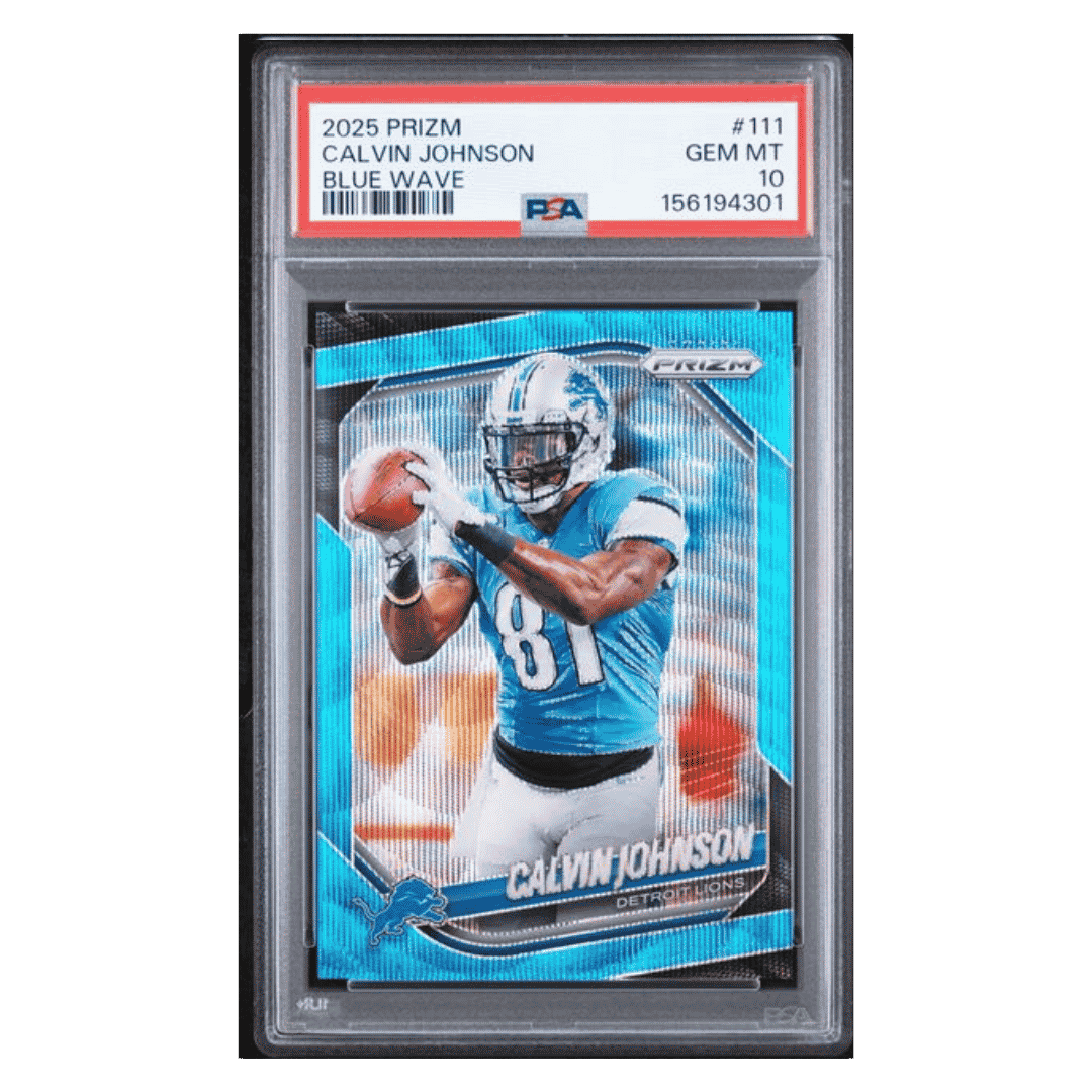 Calvin Johnson PSA 10 2025 Panini Prizm Blue Wave Card #111