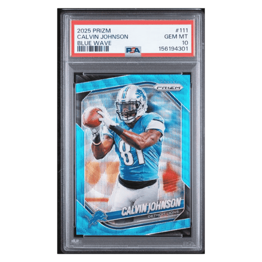 Calvin Johnson PSA 10 2025 Panini Prizm Blue Wave Card #111