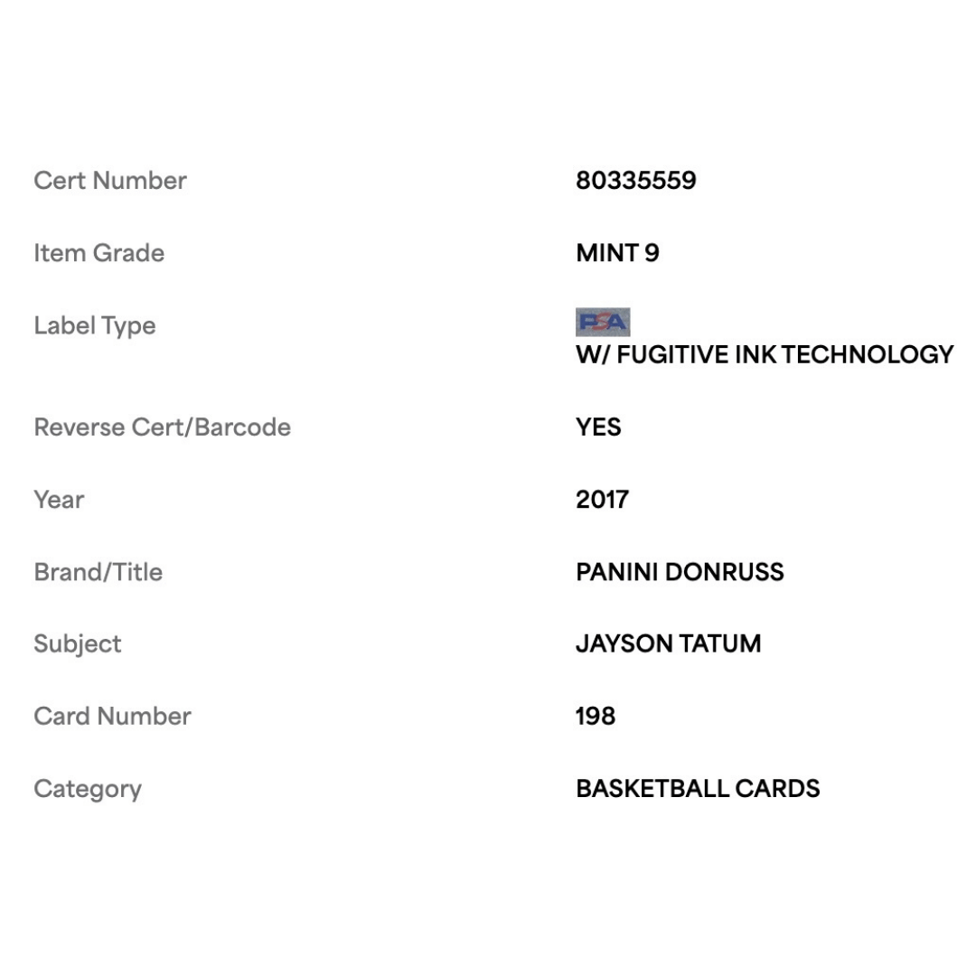 Jayson Tatum PSA 9 2017 Panini Donruss Rated Rookie RC Card #198