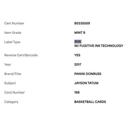 Jayson Tatum PSA 9 2017 Panini Donruss Rated Rookie RC Card #198