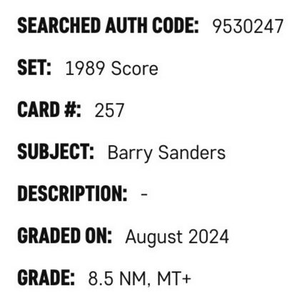 Barry Sanders SGC 8.5 1989 Score Card #257