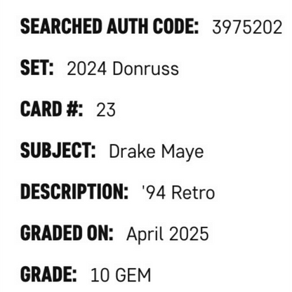 Drake Maye SGC 10 2024 Panini Donruss '94 Retro Card #23