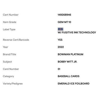 Bobby Witt Jr PSA 10 2022 Bowman Platinum Emerald Ice Foilboard Rookie RC #d/ 299 Card #51