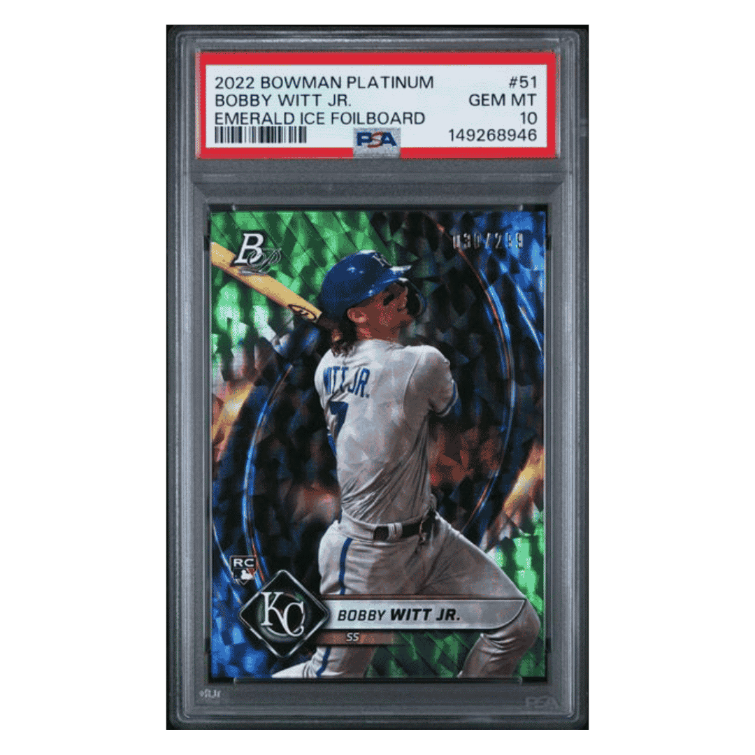 Bobby Witt Jr PSA 10 2022 Bowman Platinum Emerald Ice Foilboard Rookie RC #d/ 299 Card #51
