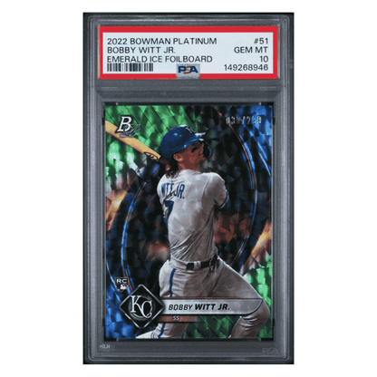 Bobby Witt Jr PSA 10 2022 Bowman Platinum Emerald Ice Foilboard Rookie RC #d/ 299 Card #51