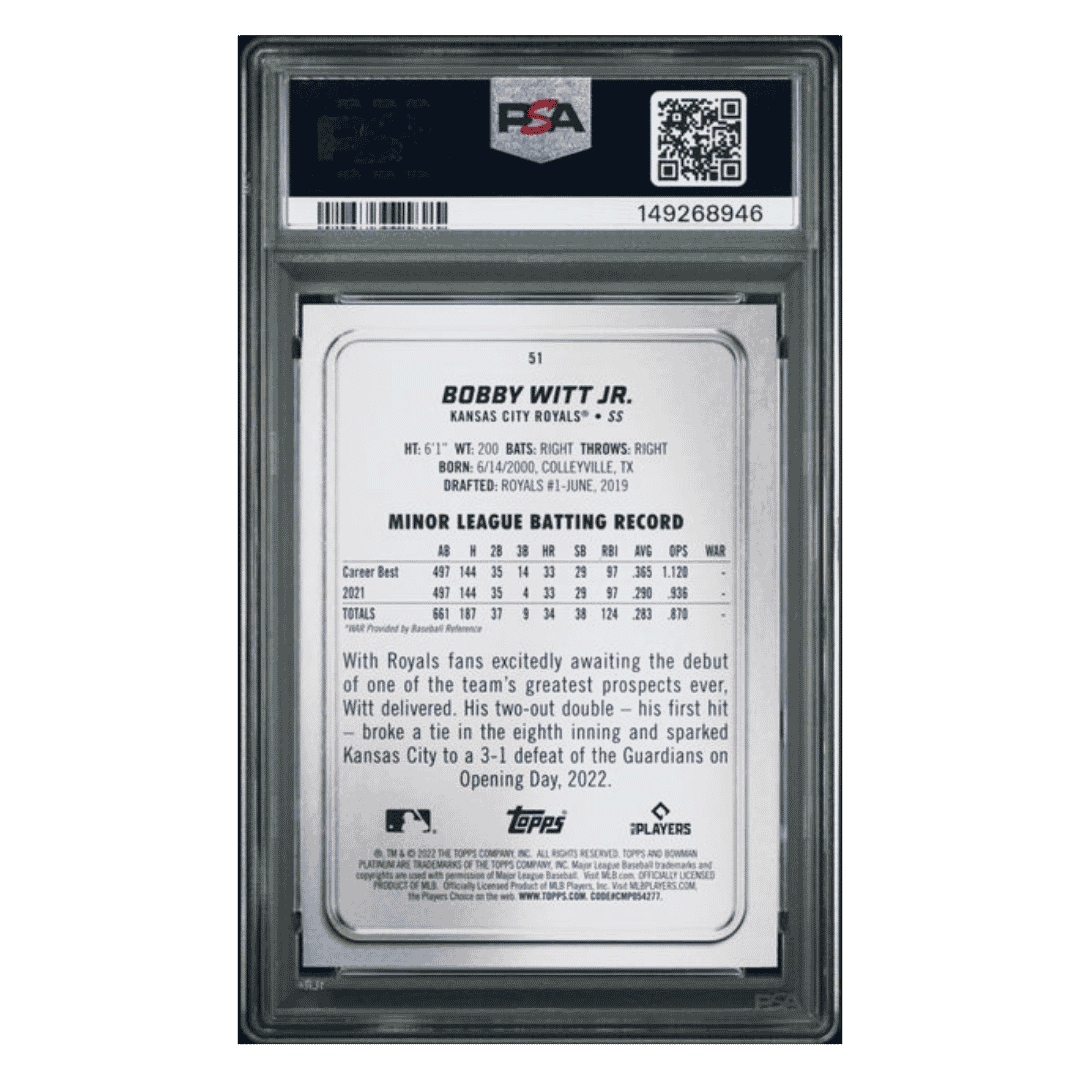Bobby Witt Jr PSA 10 2022 Bowman Platinum Emerald Ice Foilboard Rookie RC #d/ 299 Card #51