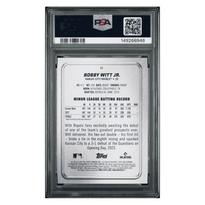 Bobby Witt Jr PSA 10 2022 Bowman Platinum Emerald Ice Foilboard Rookie RC #d/ 299 Card #51
