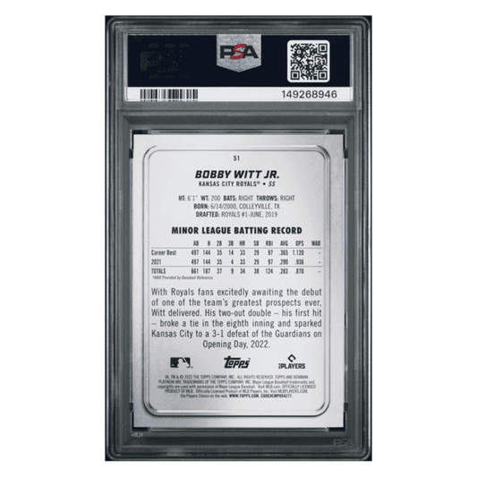 Bobby Witt Jr PSA 10 2022 Bowman Platinum Emerald Ice Foilboard Rookie RC #d/ 299 Card #51