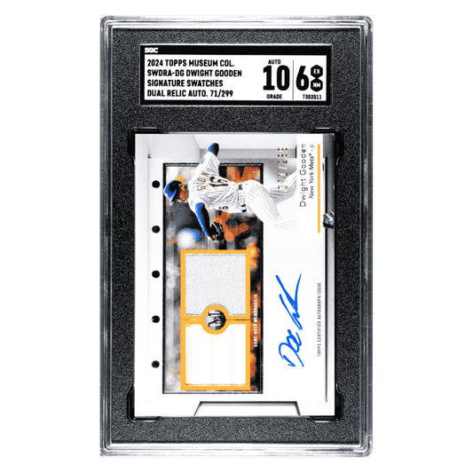 Dwight Gooden SGC 6 2024 Topps Museum Collection Signature Swatches Dual Relic Autograph #d/ 299 Card #SWDRA-DG