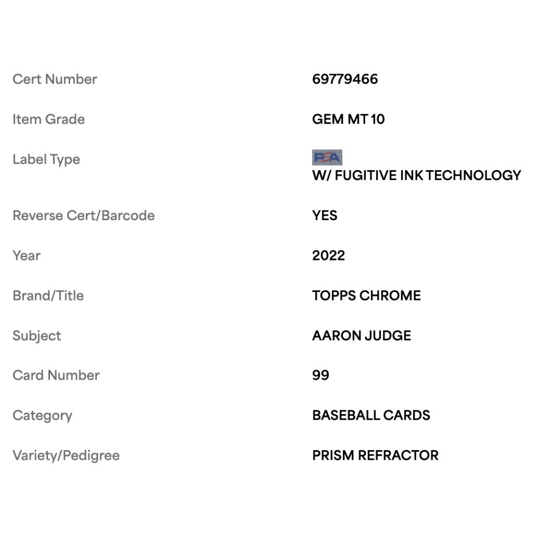 Aaron Judge PSA 10 2022 Topps Chrome Prism Refractor Card #99