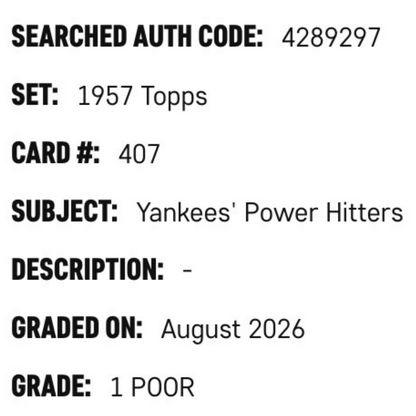 Yankee's Power Hitters SGC 1 1957 Topps Card #407