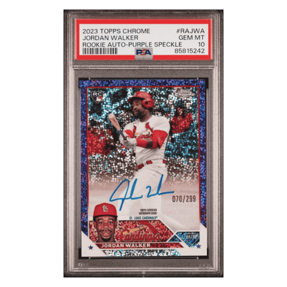 Jordan Walker PSA 10 2023 Topps Chrome Rookie Autograph Purple Speckle RC #d/ 299 Card #RAJWA