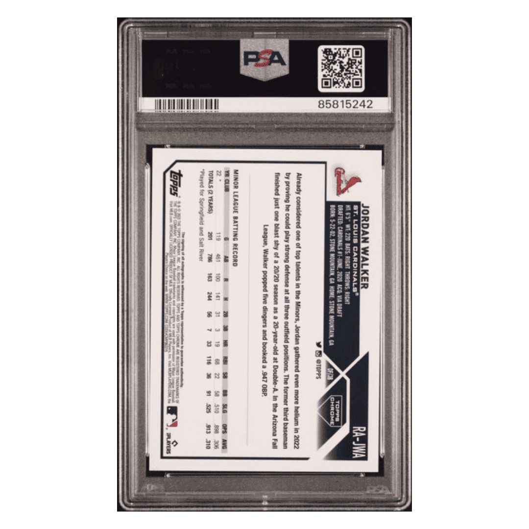 Jordan Walker PSA 10 2023 Topps Chrome Rookie Autograph Purple Speckle RC #d/ 299 Card #RAJWA