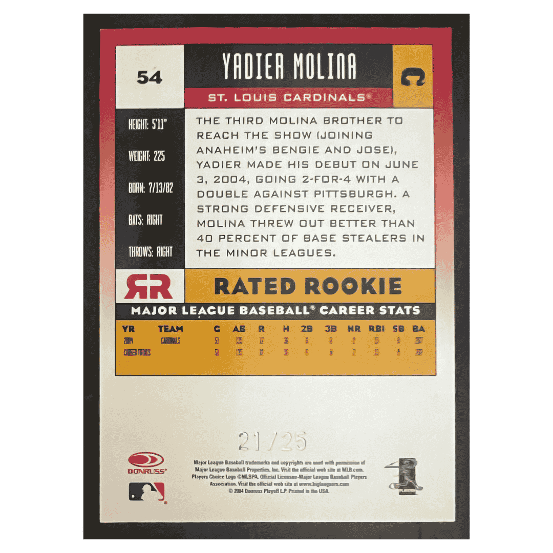 Yadier Molina 2005 Donruss 25th Anniversary Rated Rookie RC #d/ 25 Card #54