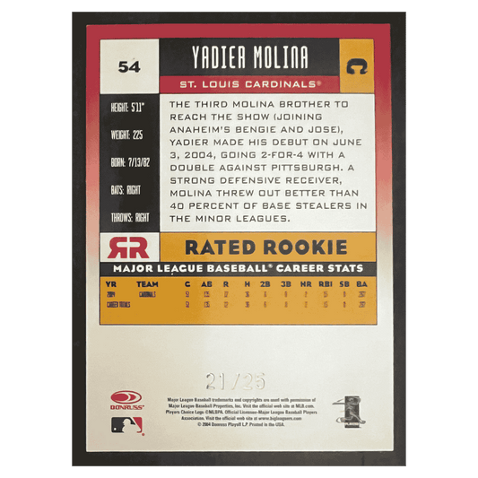 Yadier Molina 2005 Donruss 25th Anniversary Rated Rookie RC #d/ 25 Card #54