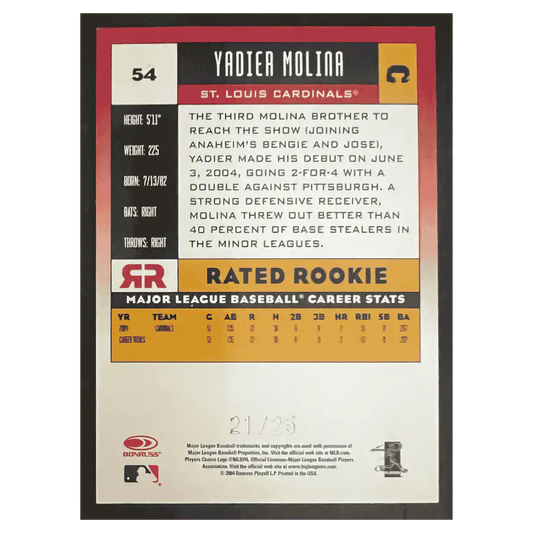 Yadier Molina 2005 Donruss 25th Anniversary Rated Rookie RC #d/ 25 Card #54
