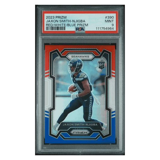 Jaxson Smith-Njigba PSA 9 2023 Panini Prizm Red/ White/ Blue Rookie RC Card #390