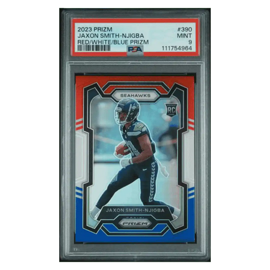 Jaxson Smith-Njigba PSA 9 2023 Panini Prizm Red/ White/ Blue Rookie RC Card #390