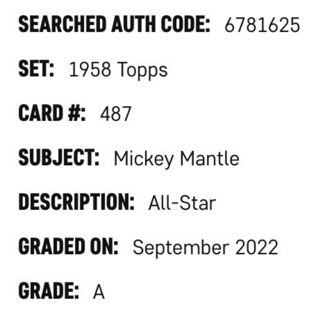 Mickey Mantle SGC A 1958 Topps All Star Card #487