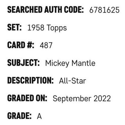 Mickey Mantle SGC A 1958 Topps All Star Card #487